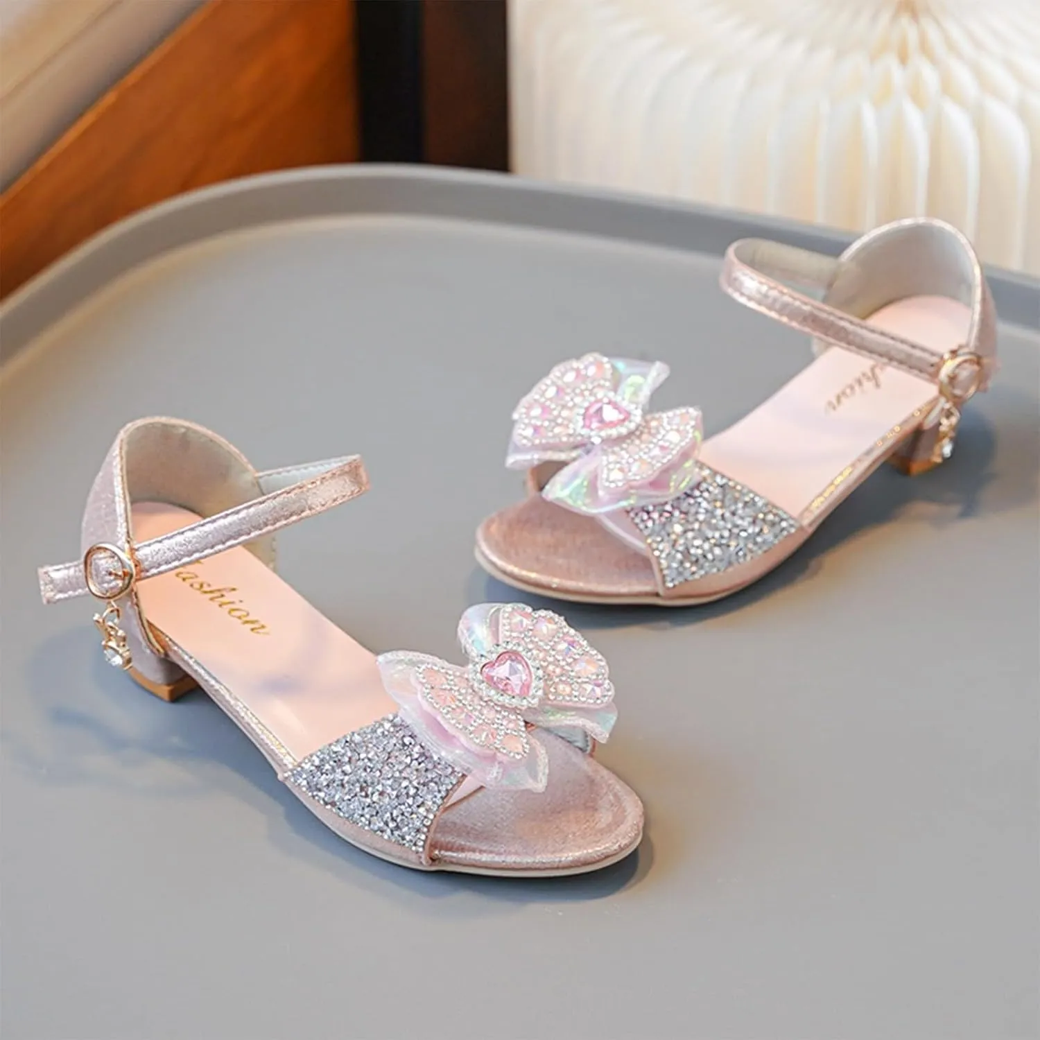Low Heels Open Toe Princess Sandal Girls Sandals Rhinestone Bow Shoes Children's High Heels Non Slip Little Girl Shoes