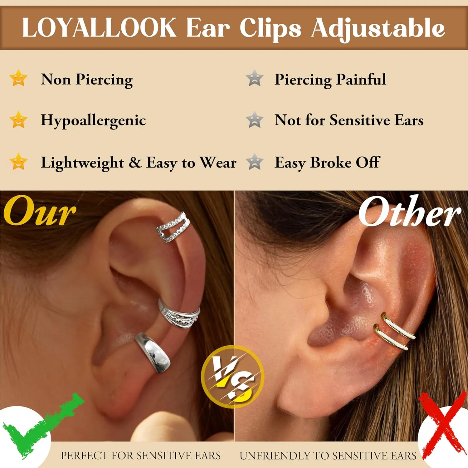 LOYALLOOK Ear Cuff Earrings for Women 14K Gold Plated Ear Cuffs Non Piercing Clip on Cartilage Earring Trendy Fake Earrings Hypoallergenic Huggie Hoop Clip Cuff Earring Lightweight