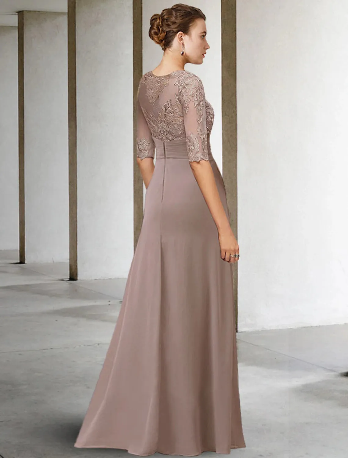 Luolandi Sheath / Column Mother of the Bride Dress Fall Wedding Guest Dresses Plus Size Elegant Jewel Neck Floor Length Chiffon Lace Short Sleeve with Appliques