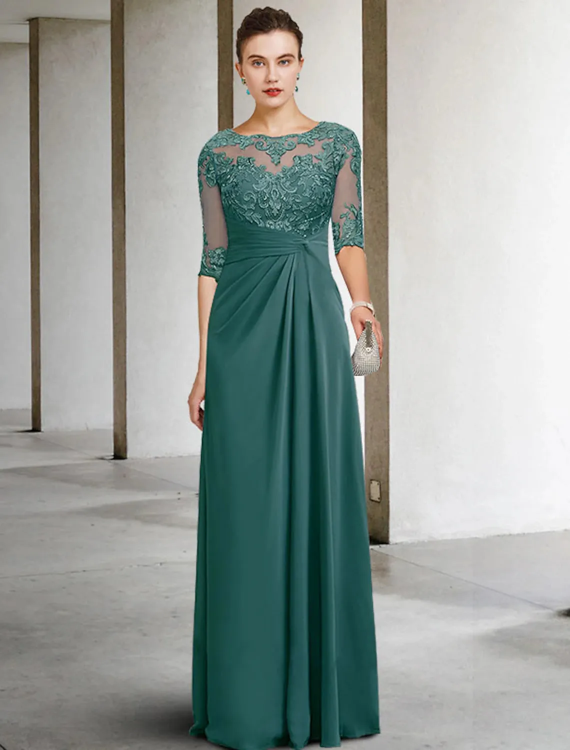 Luolandi Sheath / Column Mother of the Bride Dress Fall Wedding Guest Dresses Plus Size Elegant Jewel Neck Floor Length Chiffon Lace Short Sleeve with Appliques