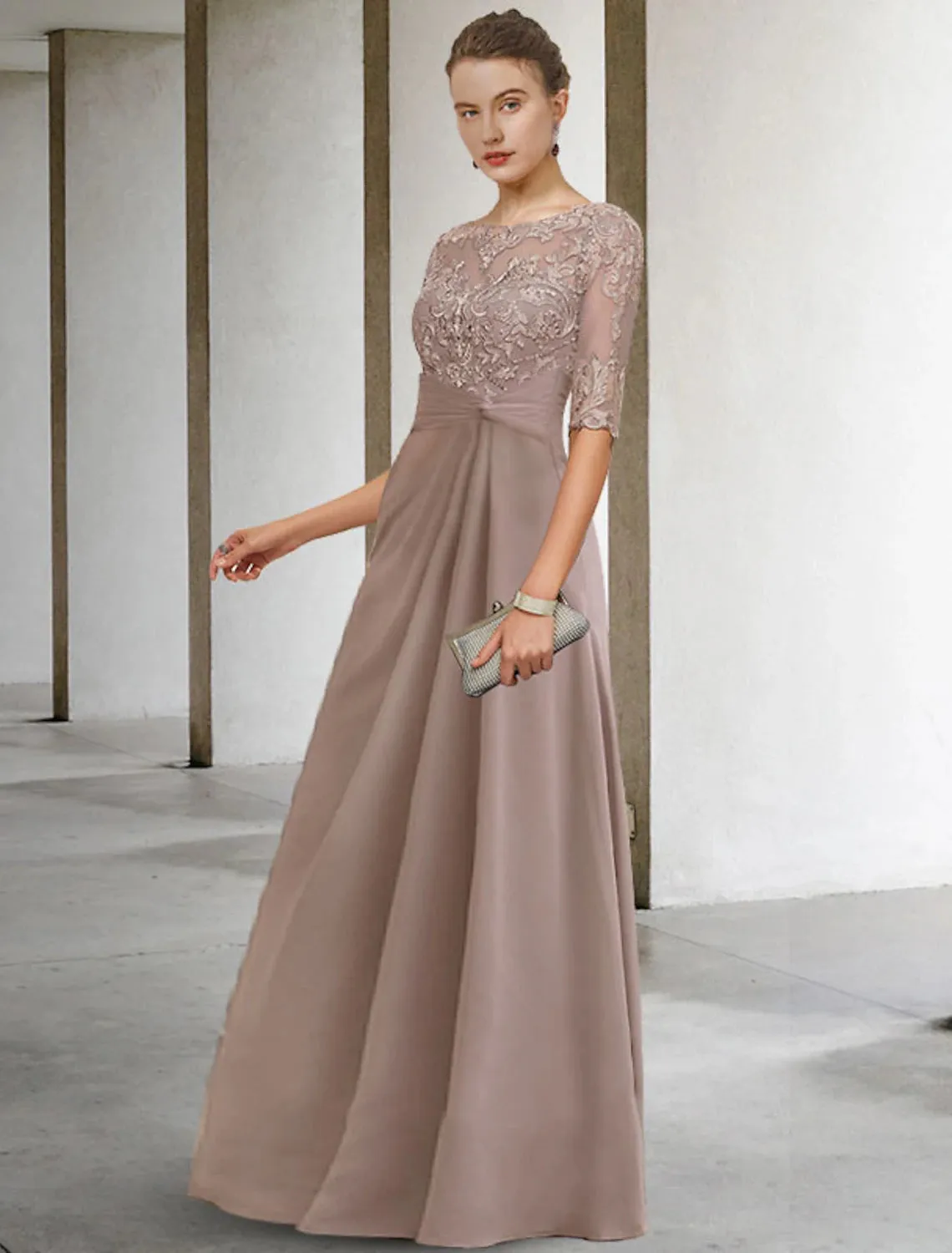 Luolandi Sheath / Column Mother of the Bride Dress Fall Wedding Guest Dresses Plus Size Elegant Jewel Neck Floor Length Chiffon Lace Short Sleeve with Appliques