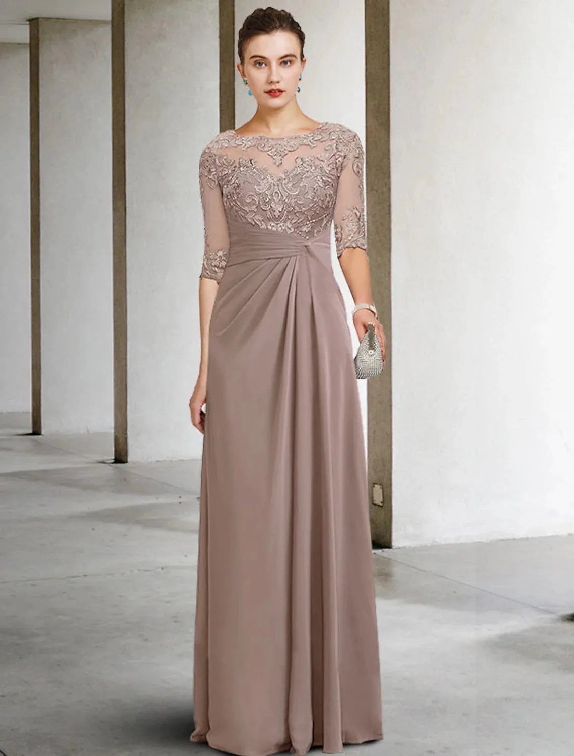 Luolandi Sheath / Column Mother of the Bride Dress Fall Wedding Guest Dresses Plus Size Elegant Jewel Neck Floor Length Chiffon Lace Short Sleeve with Appliques