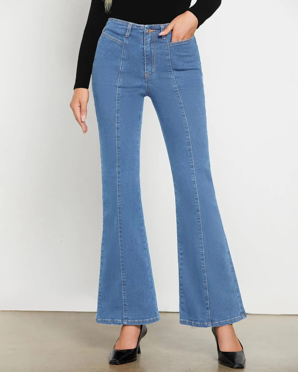 luvamia Flare Jeans for Women High Waisted Wide Leg Trendy Seamed Front Stretchy Denim Jean Pants Pockets Trouser Jeans