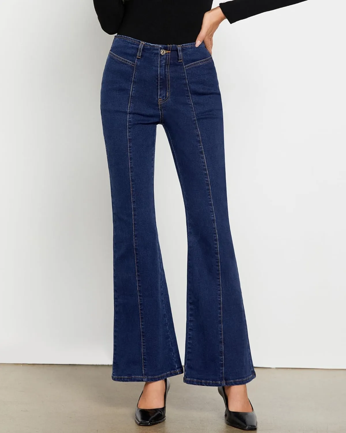 luvamia Flare Jeans for Women High Waisted Wide Leg Trendy Seamed Front Stretchy Denim Jean Pants Pockets Trouser Jeans