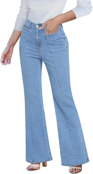 luvamia Flare Jeans for Women High Waisted Wide Leg Trendy Seamed Front Stretchy Denim Jean Pants Pockets Trouser Jeans