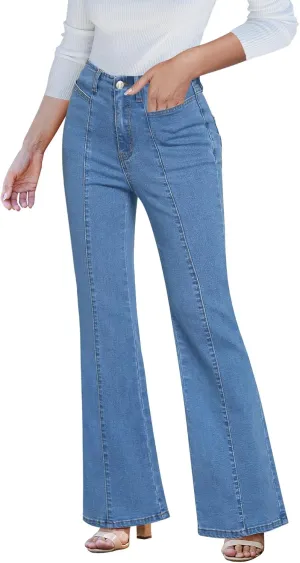 luvamia Flare Jeans for Women High Waisted Wide Leg Trendy Seamed Front Stretchy Denim Jean Pants Pockets Trouser Jeans