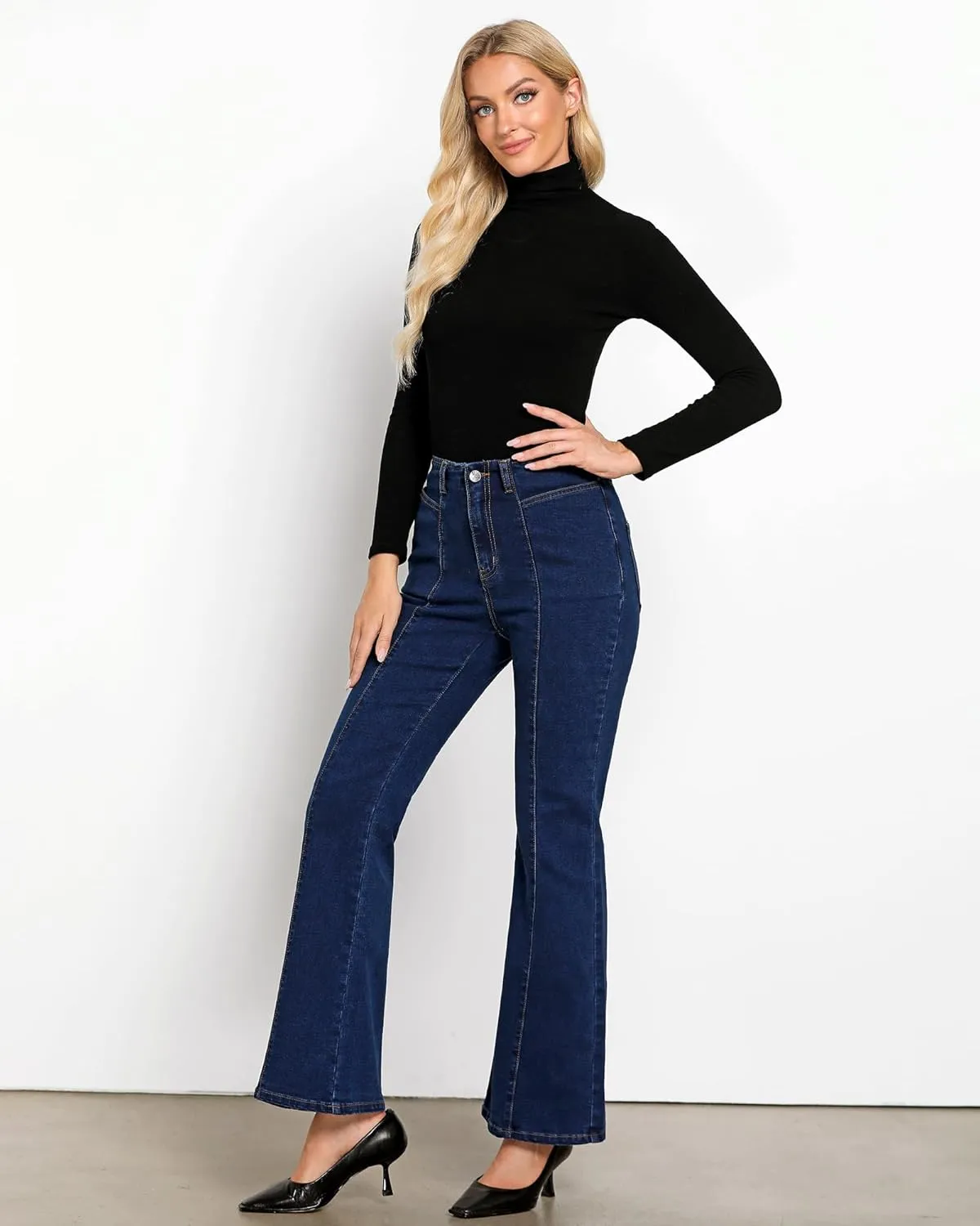 luvamia Flare Jeans for Women High Waisted Wide Leg Trendy Seamed Front Stretchy Denim Jean Pants Pockets Trouser Jeans