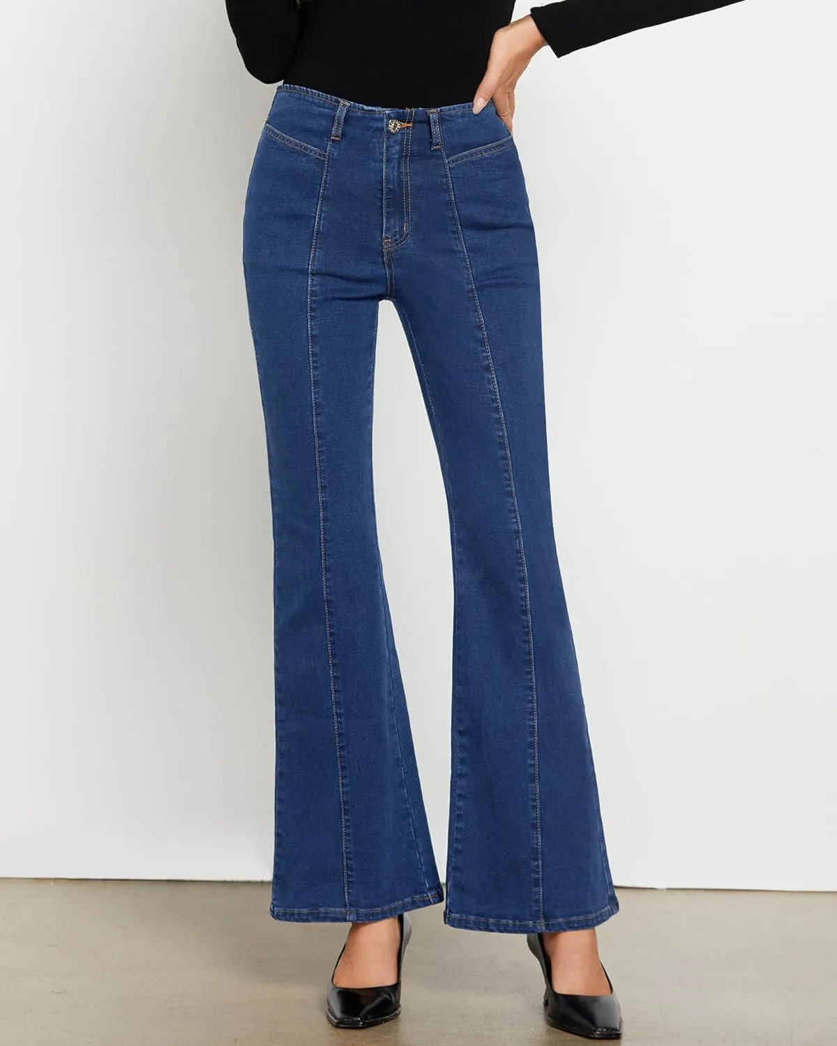luvamia Flare Jeans for Women High Waisted Wide Leg Trendy Seamed Front Stretchy Denim Jean Pants Pockets Trouser Jeans