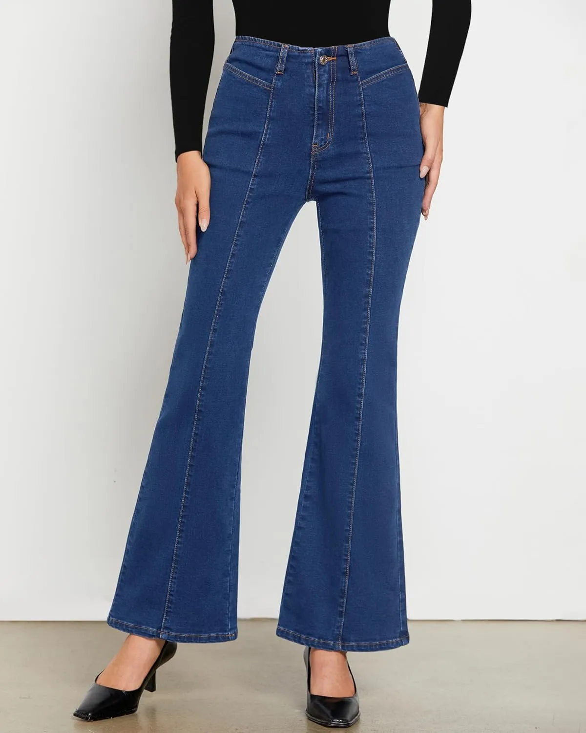 luvamia Flare Jeans for Women High Waisted Wide Leg Trendy Seamed Front Stretchy Denim Jean Pants Pockets Trouser Jeans