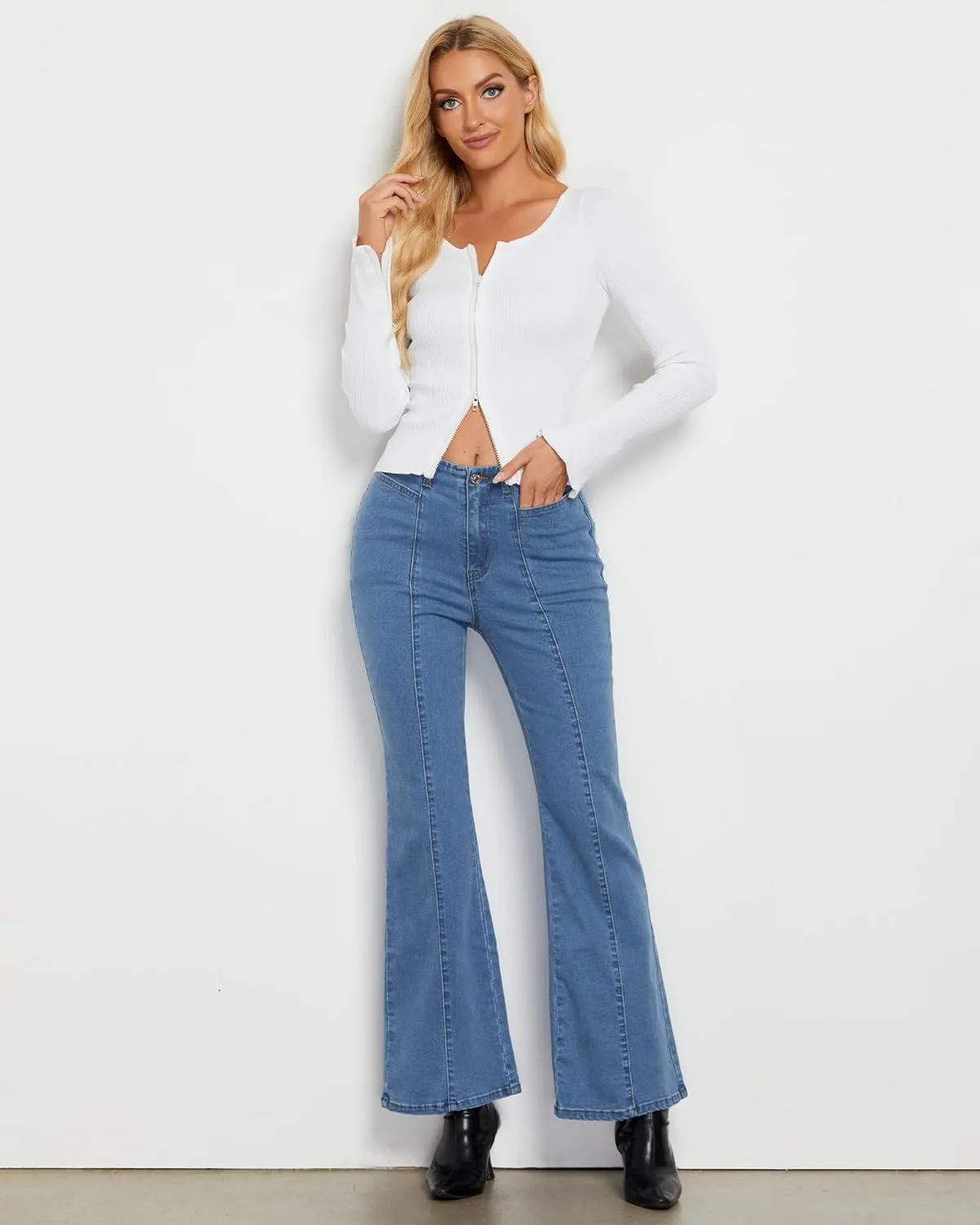 luvamia Flare Jeans for Women High Waisted Wide Leg Trendy Seamed Front Stretchy Denim Jean Pants Pockets Trouser Jeans