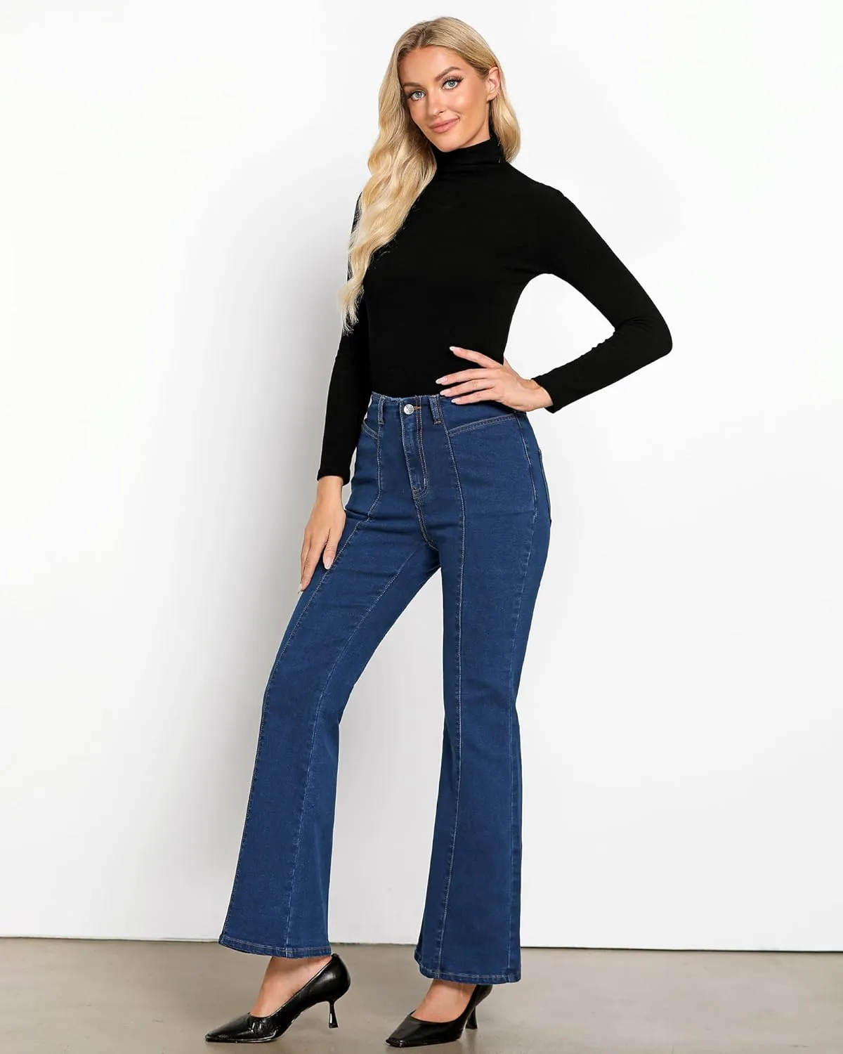 luvamia Flare Jeans for Women High Waisted Wide Leg Trendy Seamed Front Stretchy Denim Jean Pants Pockets Trouser Jeans
