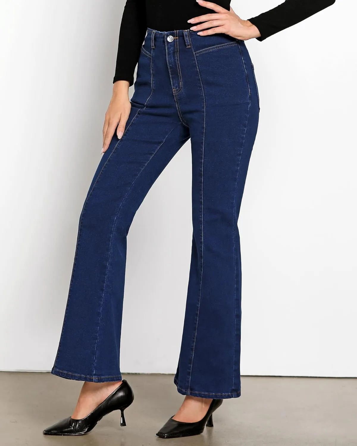 luvamia Flare Jeans for Women High Waisted Wide Leg Trendy Seamed Front Stretchy Denim Jean Pants Pockets Trouser Jeans