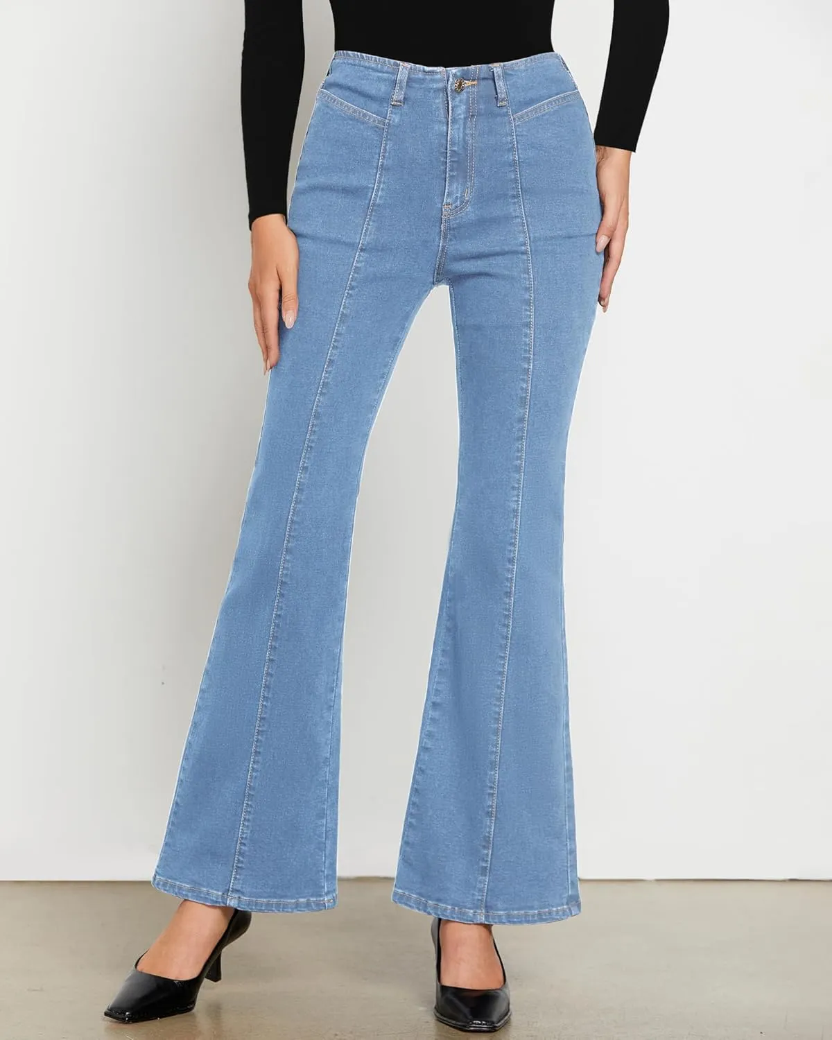 luvamia Flare Jeans for Women High Waisted Wide Leg Trendy Seamed Front Stretchy Denim Jean Pants Pockets Trouser Jeans