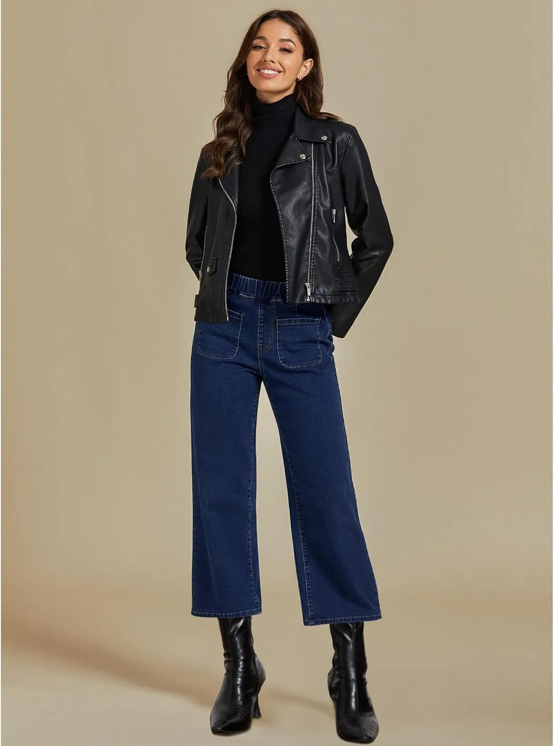 luvamia Wide Leg Jeans for Women Pull On Trendy High Waisted Cropped Jeans Denim Pants Stretchy Baggy with Patch Pockets