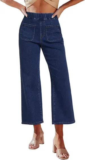 luvamia Wide Leg Jeans for Women Pull On Trendy High Waisted Cropped Jeans Denim Pants Stretchy Baggy with Patch Pockets