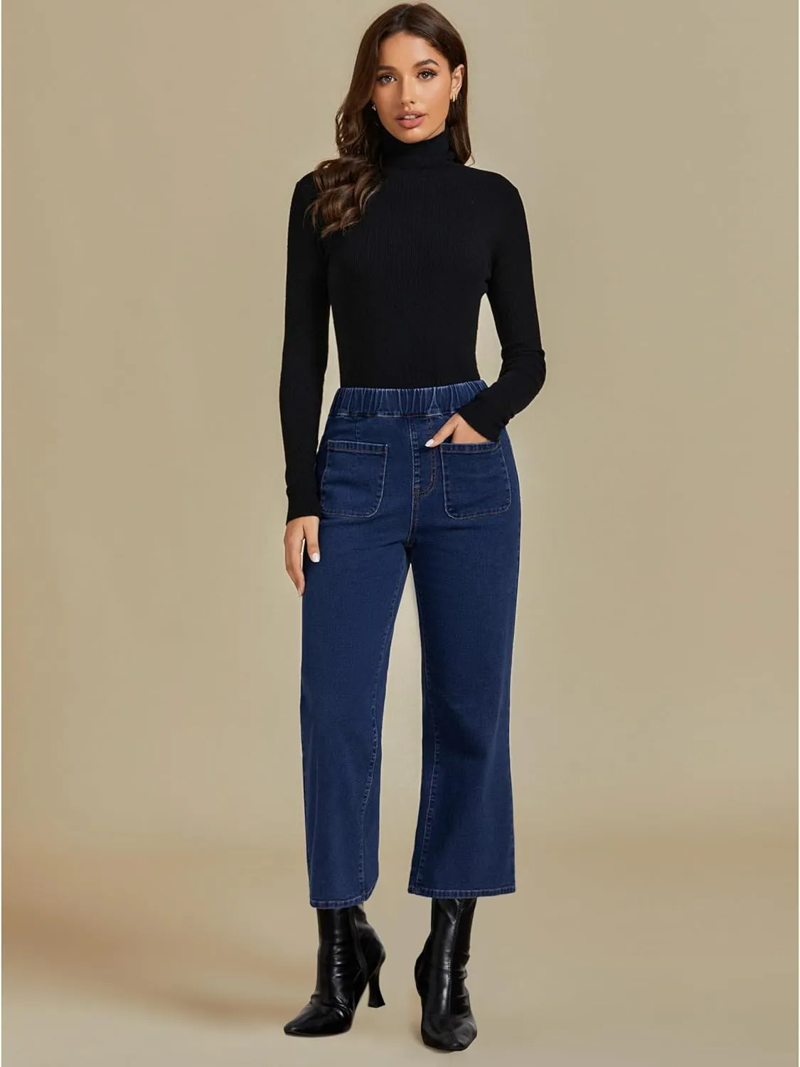 luvamia Wide Leg Jeans for Women Pull On Trendy High Waisted Cropped Jeans Denim Pants Stretchy Baggy with Patch Pockets