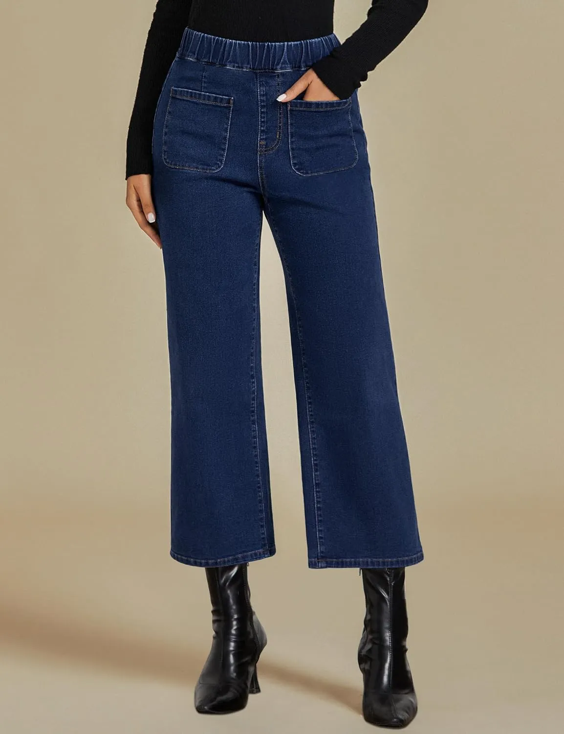 luvamia Wide Leg Jeans for Women Pull On Trendy High Waisted Cropped Jeans Denim Pants Stretchy Baggy with Patch Pockets