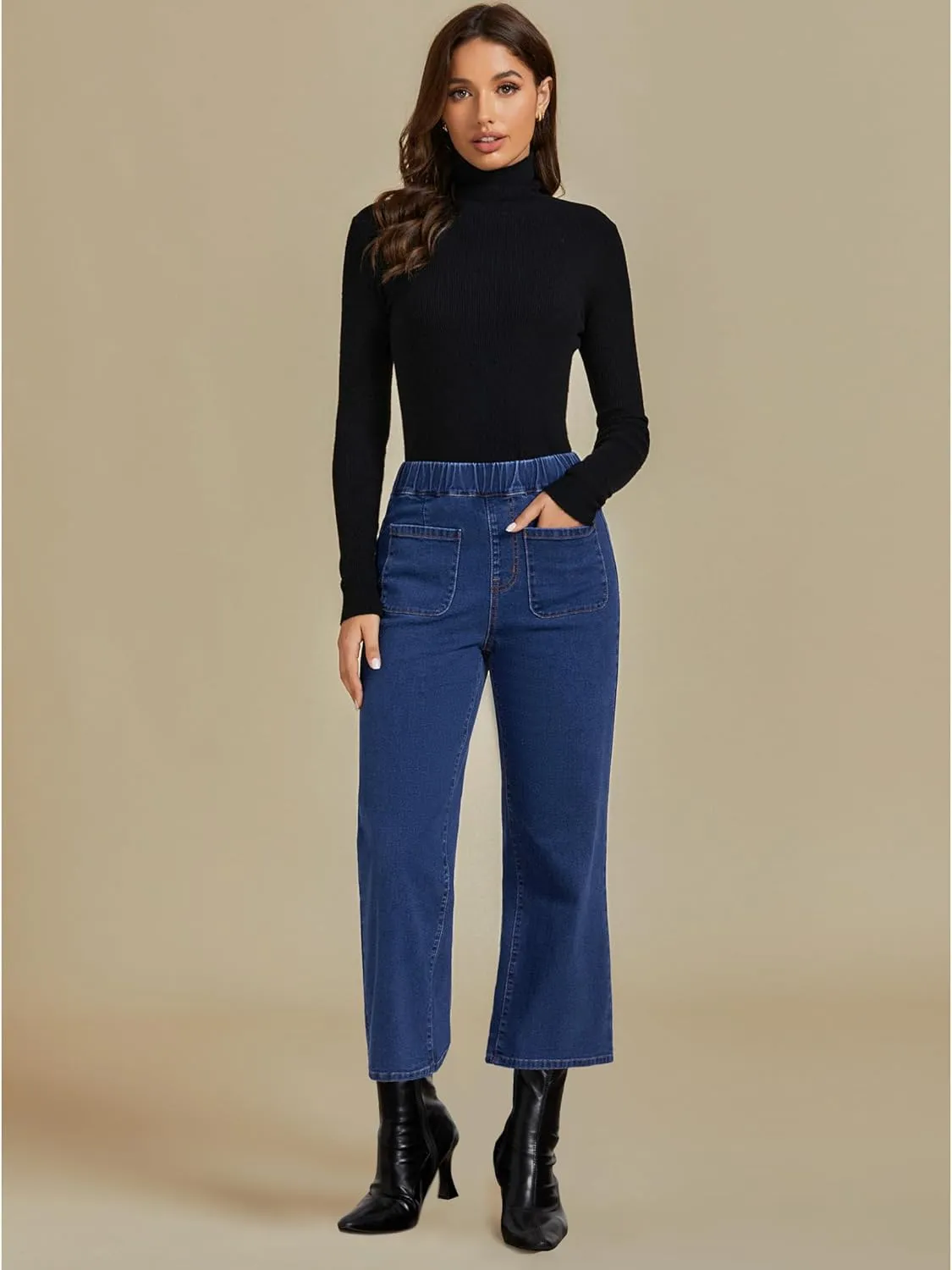 luvamia Wide Leg Jeans for Women Pull On Trendy High Waisted Cropped Jeans Denim Pants Stretchy Baggy with Patch Pockets