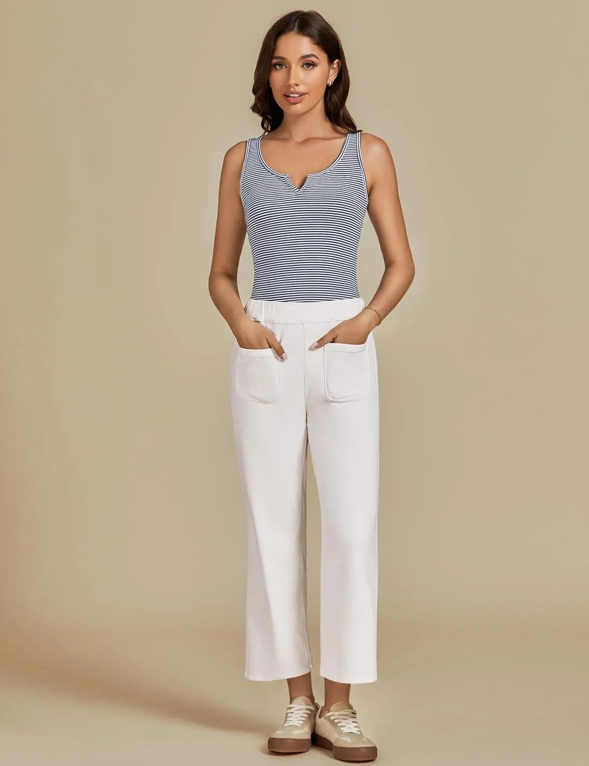 luvamia Wide Leg Jeans for Women Pull On Trendy High Waisted Cropped Jeans Denim Pants Stretchy Baggy with Patch Pockets