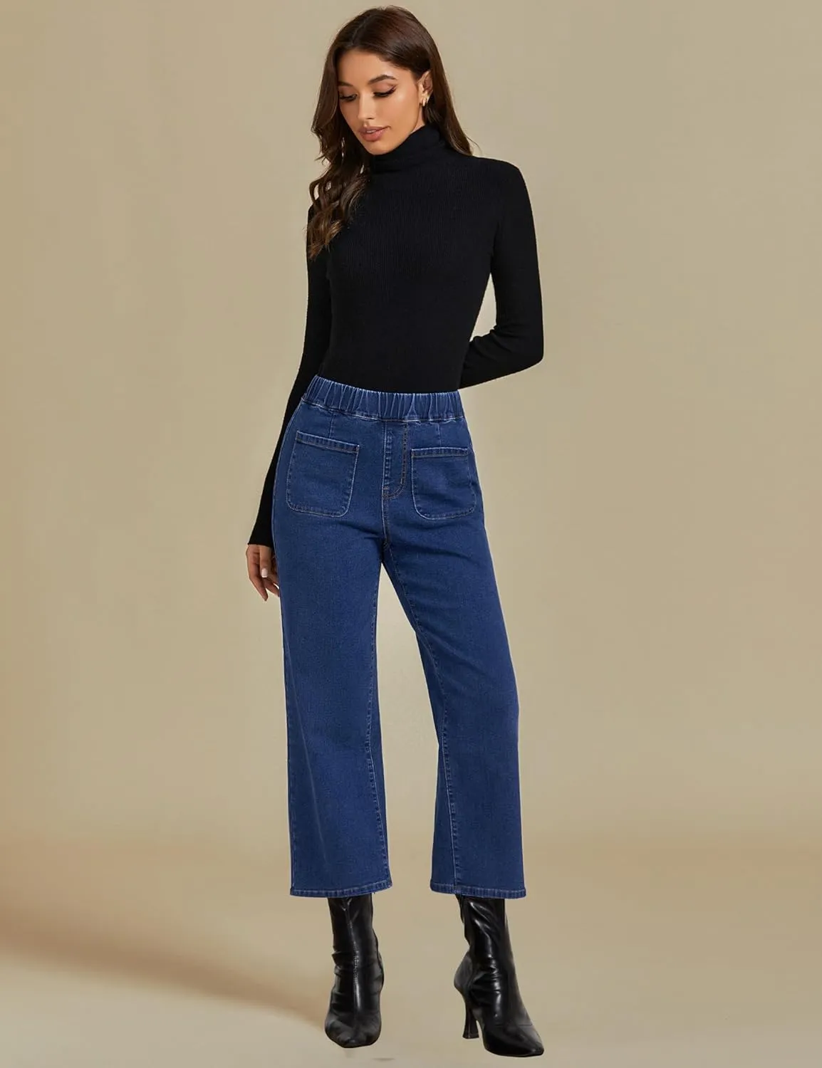 luvamia Wide Leg Jeans for Women Pull On Trendy High Waisted Cropped Jeans Denim Pants Stretchy Baggy with Patch Pockets