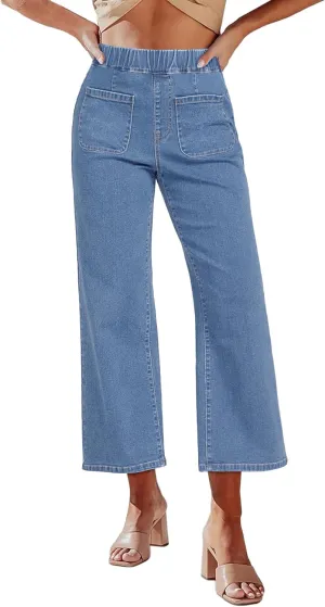 luvamia Wide Leg Jeans for Women Pull On Trendy High Waisted Cropped Jeans Denim Pants Stretchy Baggy with Patch Pockets