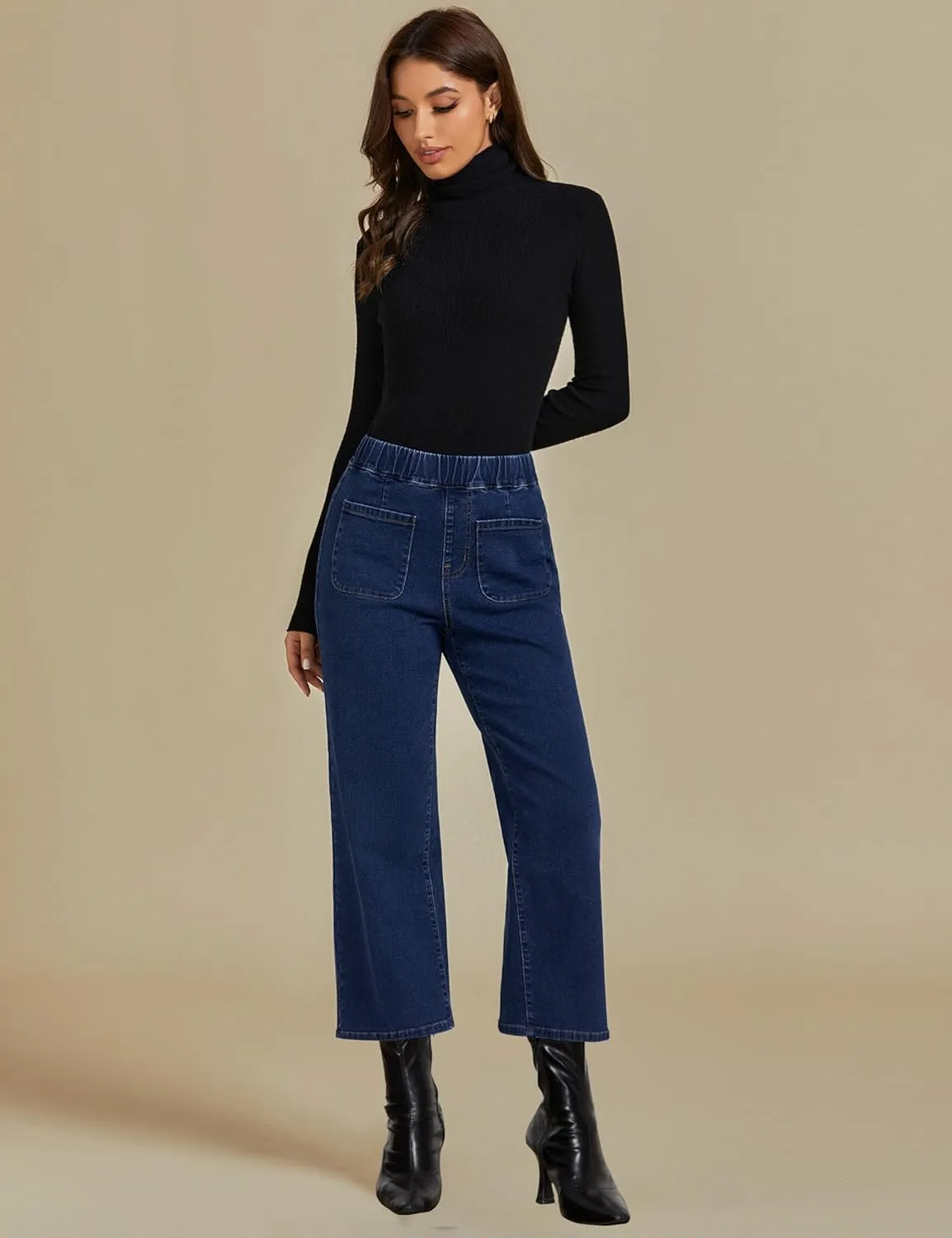 luvamia Wide Leg Jeans for Women Pull On Trendy High Waisted Cropped Jeans Denim Pants Stretchy Baggy with Patch Pockets