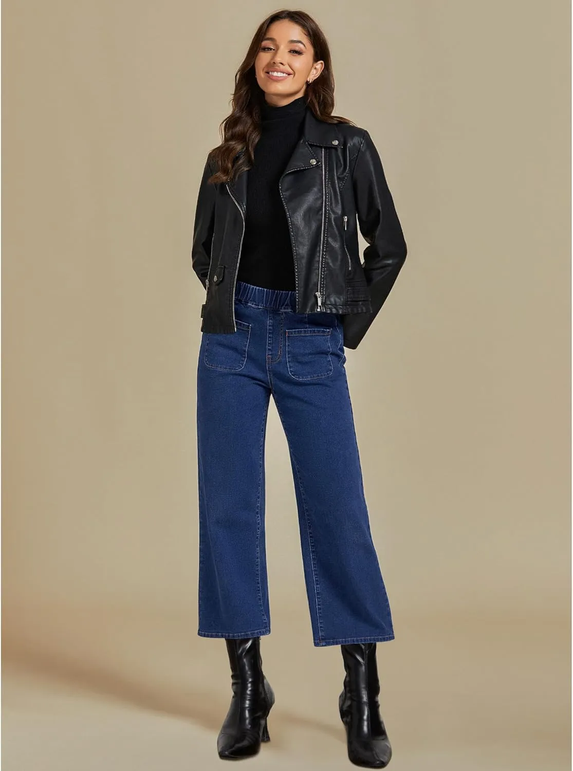 luvamia Wide Leg Jeans for Women Pull On Trendy High Waisted Cropped Jeans Denim Pants Stretchy Baggy with Patch Pockets