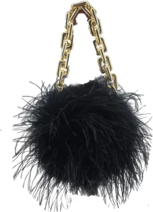LVCOMEFF Women Ostrich Feather Mini Handbag Purse with Big Gold Chain for Party Fluffy Plush Luxurious