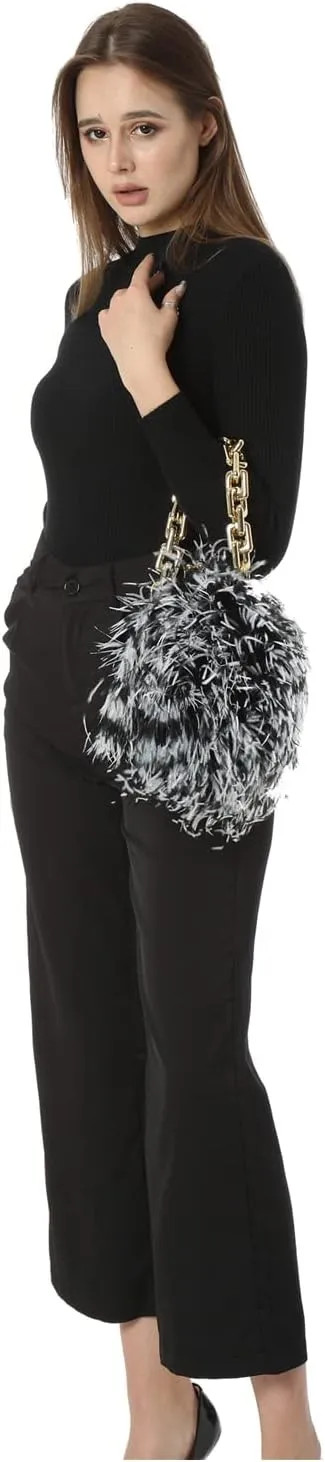 LVCOMEFF Women Ostrich Feather Mini Handbag Purse with Big Gold Chain for Party Fluffy Plush Luxurious