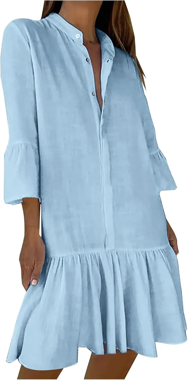 maisdgop Shirt Dresses for Women Casual V Neck 3/4 Sleeve Button Sundress Lightweight Cozy Cotton Linen Ruffle Mini Dress