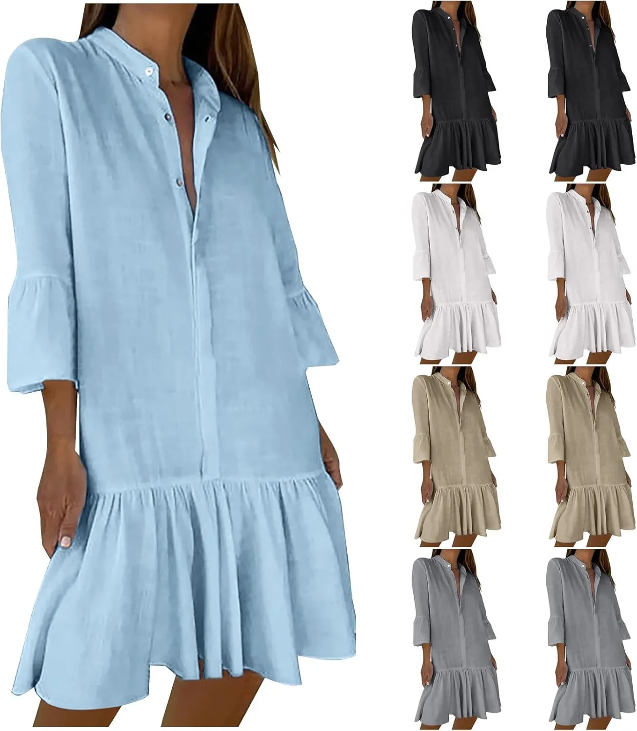 maisdgop Shirt Dresses for Women Casual V Neck 3/4 Sleeve Button Sundress Lightweight Cozy Cotton Linen Ruffle Mini Dress