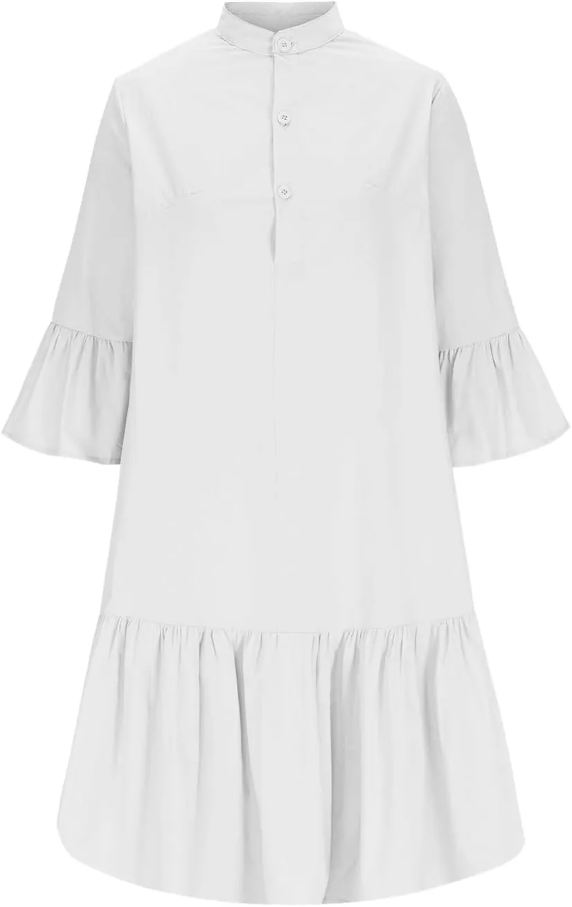 maisdgop Shirt Dresses for Women Casual V Neck 3/4 Sleeve Button Sundress Lightweight Cozy Cotton Linen Ruffle Mini Dress