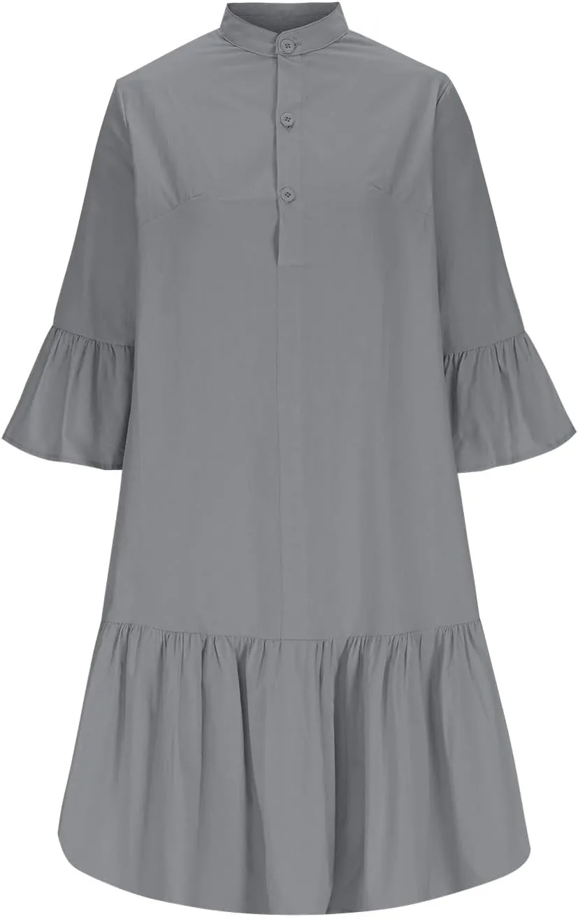maisdgop Shirt Dresses for Women Casual V Neck 3/4 Sleeve Button Sundress Lightweight Cozy Cotton Linen Ruffle Mini Dress