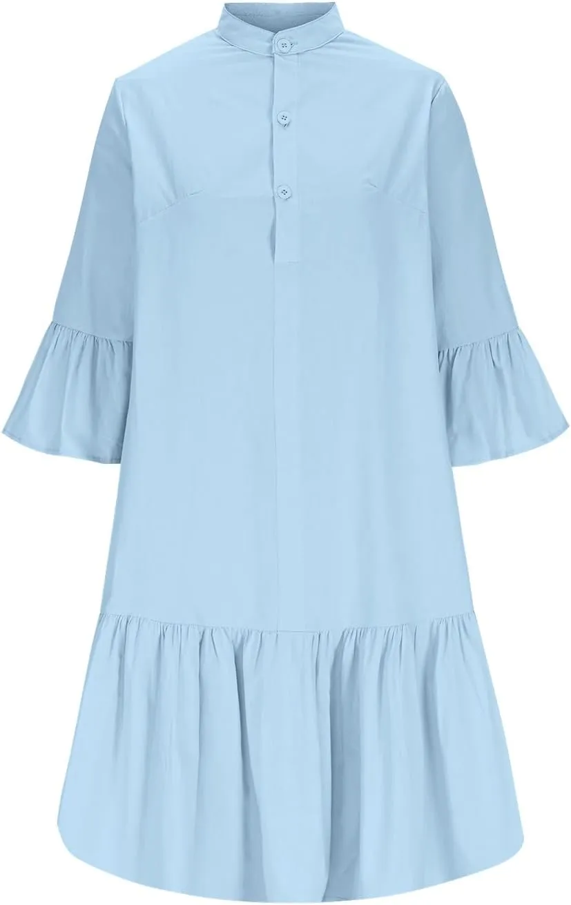 maisdgop Shirt Dresses for Women Casual V Neck 3/4 Sleeve Button Sundress Lightweight Cozy Cotton Linen Ruffle Mini Dress
