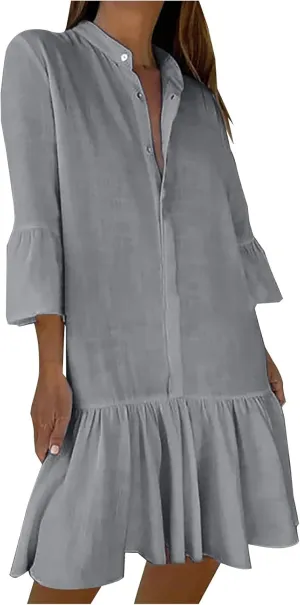 maisdgop Shirt Dresses for Women Casual V Neck 3/4 Sleeve Button Sundress Lightweight Cozy Cotton Linen Ruffle Mini Dress