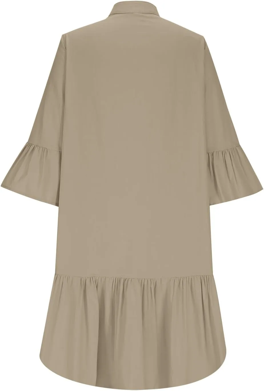 maisdgop Shirt Dresses for Women Casual V Neck 3/4 Sleeve Button Sundress Lightweight Cozy Cotton Linen Ruffle Mini Dress