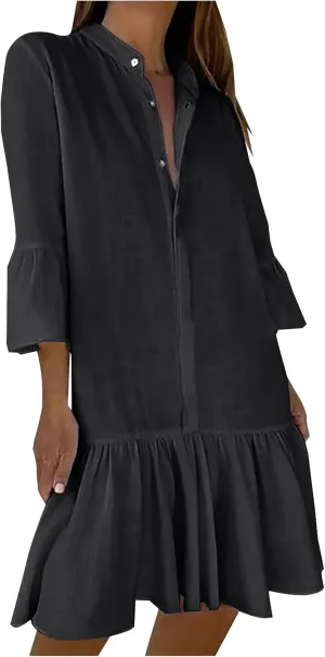 maisdgop Shirt Dresses for Women Casual V Neck 3/4 Sleeve Button Sundress Lightweight Cozy Cotton Linen Ruffle Mini Dress
