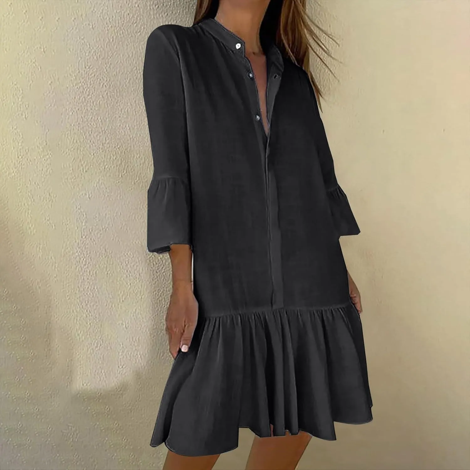 maisdgop Shirt Dresses for Women Casual V Neck 3/4 Sleeve Button Sundress Lightweight Cozy Cotton Linen Ruffle Mini Dress