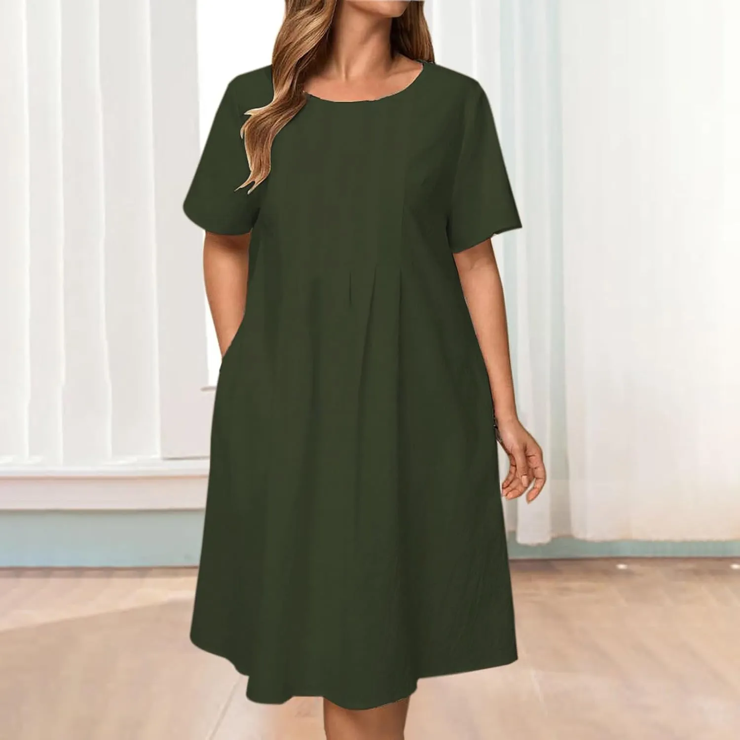 maisdgop Shirt Dresses for Women Casual V Neck 3/4 Sleeve Button Sundress Lightweight Cozy Cotton Linen Ruffle Mini Dress