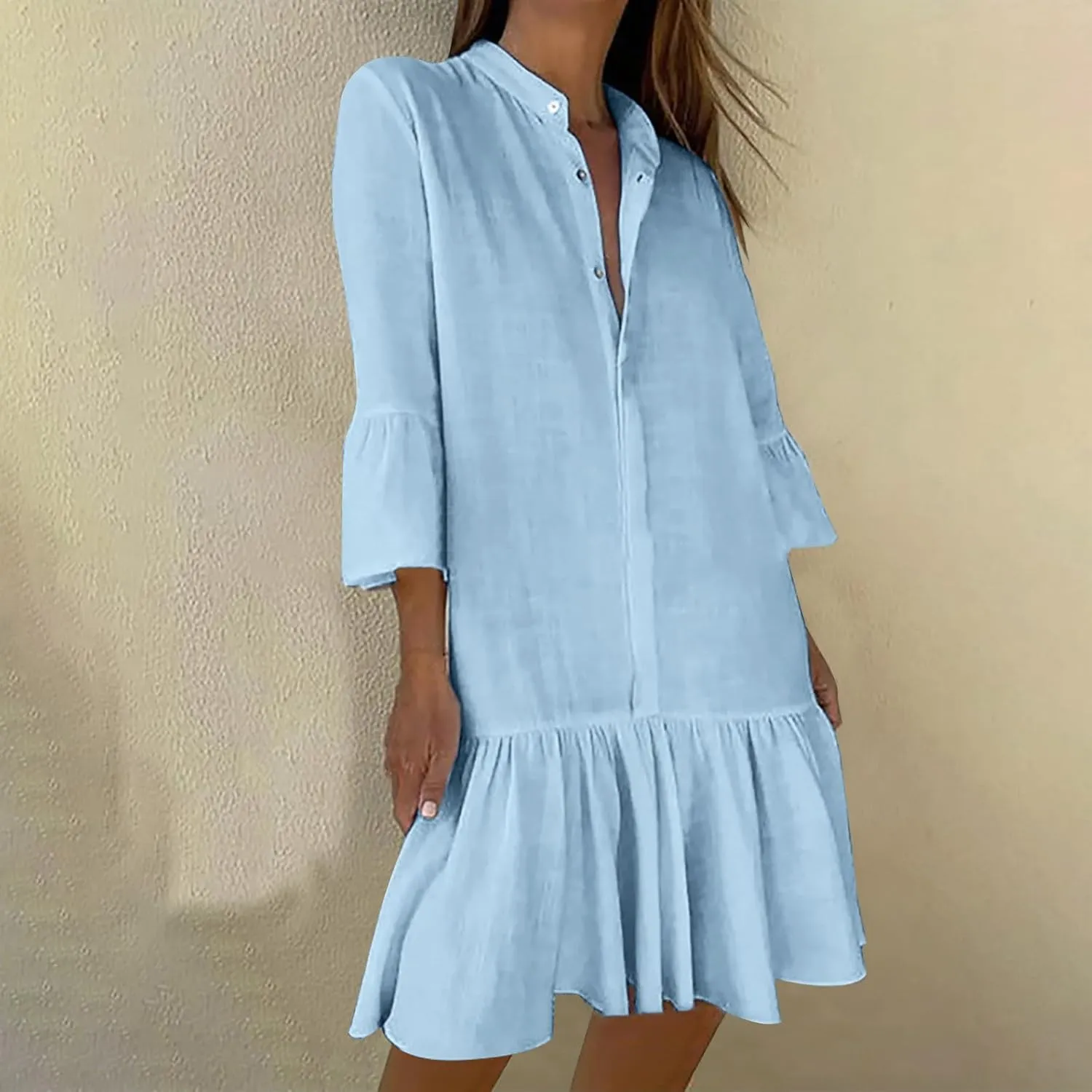 maisdgop Shirt Dresses for Women Casual V Neck 3/4 Sleeve Button Sundress Lightweight Cozy Cotton Linen Ruffle Mini Dress
