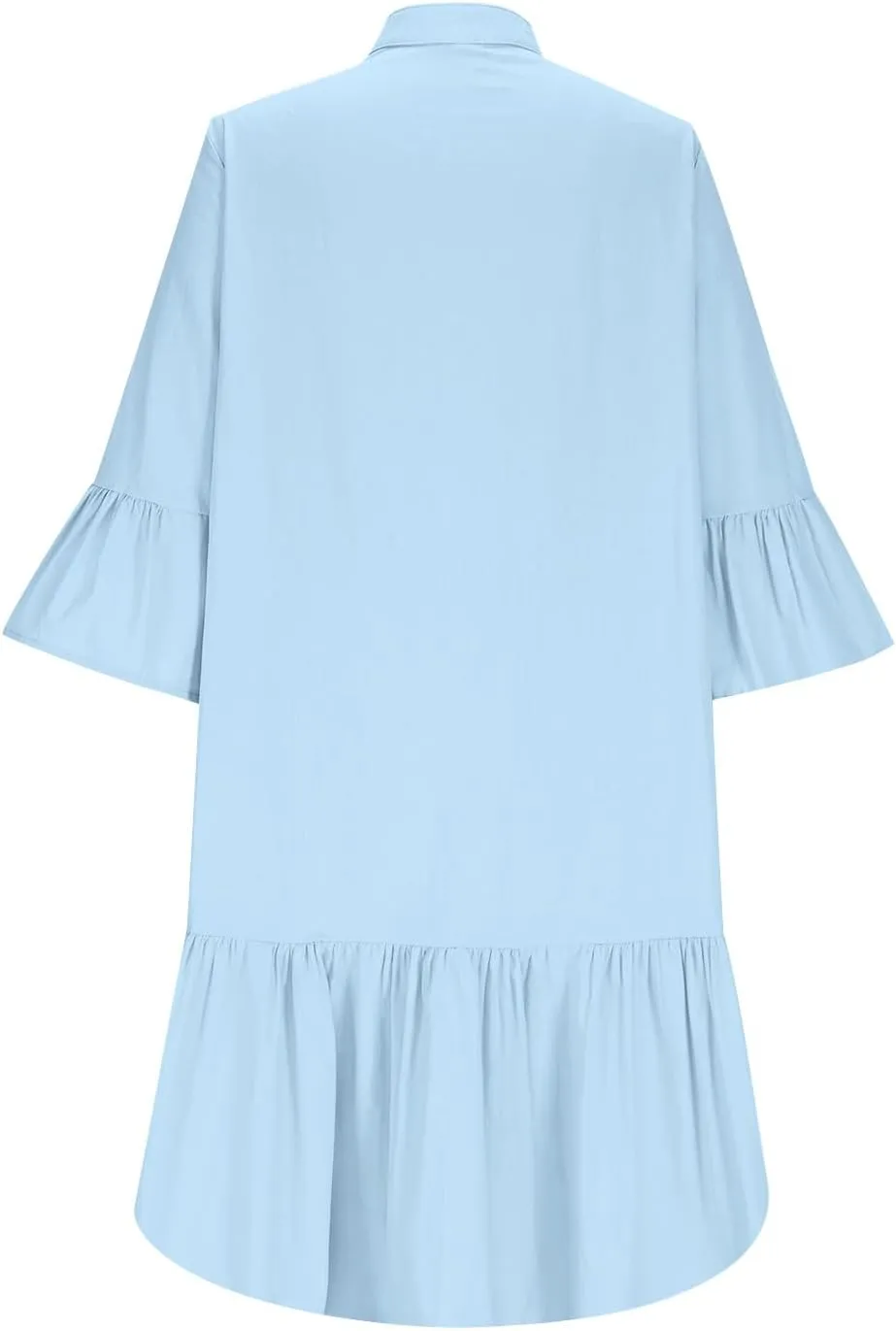 maisdgop Shirt Dresses for Women Casual V Neck 3/4 Sleeve Button Sundress Lightweight Cozy Cotton Linen Ruffle Mini Dress