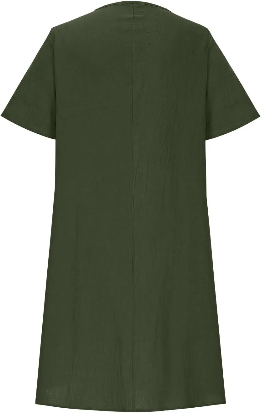 maisdgop Shirt Dresses for Women Casual V Neck 3/4 Sleeve Button Sundress Lightweight Cozy Cotton Linen Ruffle Mini Dress