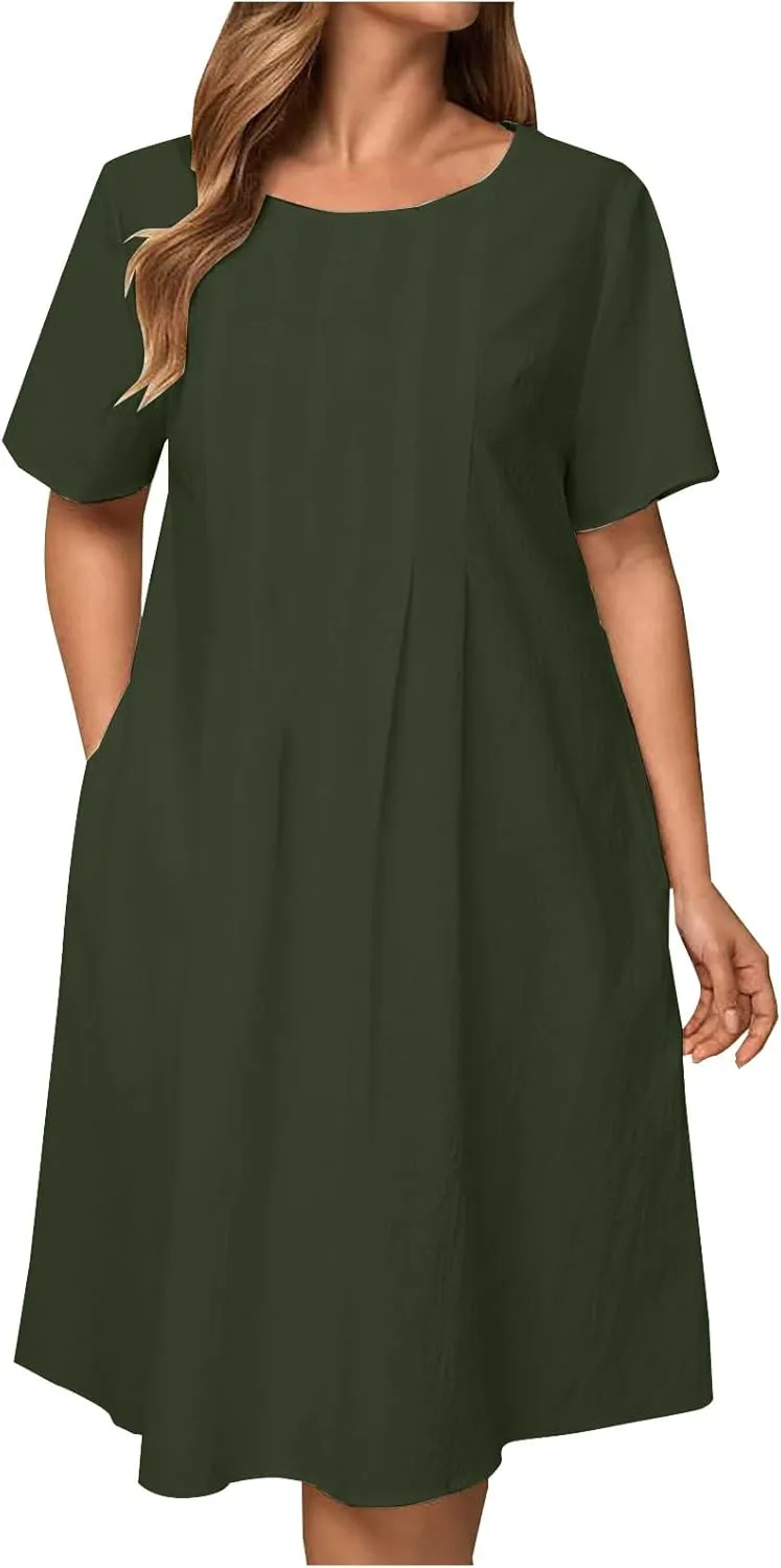 maisdgop Shirt Dresses for Women Casual V Neck 3/4 Sleeve Button Sundress Lightweight Cozy Cotton Linen Ruffle Mini Dress