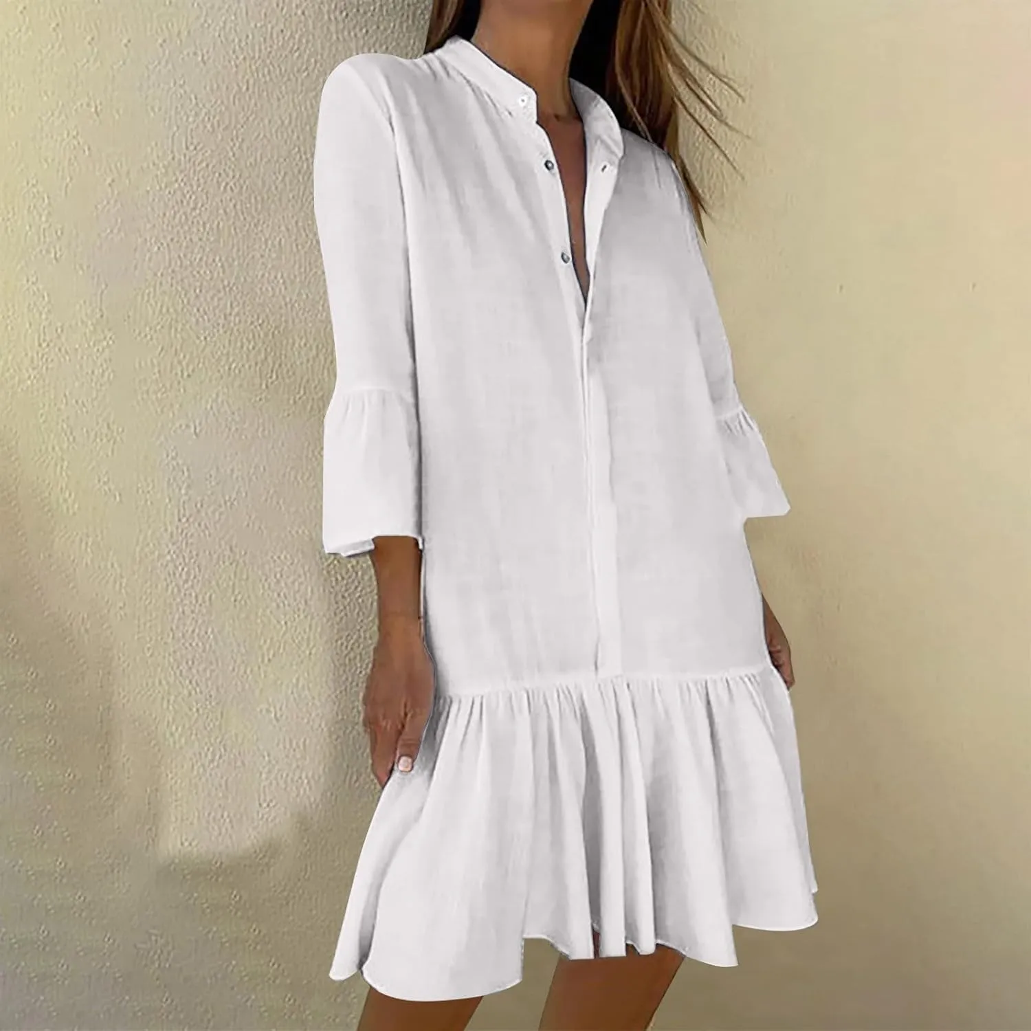 maisdgop Shirt Dresses for Women Casual V Neck 3/4 Sleeve Button Sundress Lightweight Cozy Cotton Linen Ruffle Mini Dress