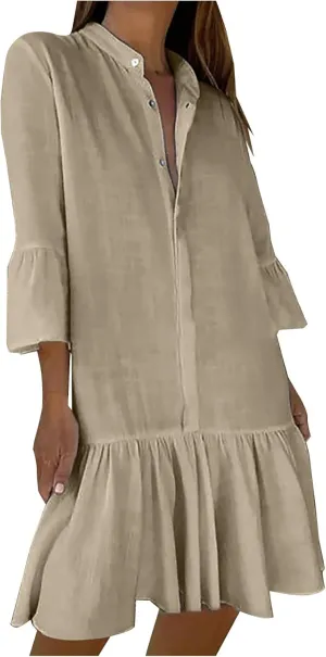 maisdgop Shirt Dresses for Women Casual V Neck 3/4 Sleeve Button Sundress Lightweight Cozy Cotton Linen Ruffle Mini Dress