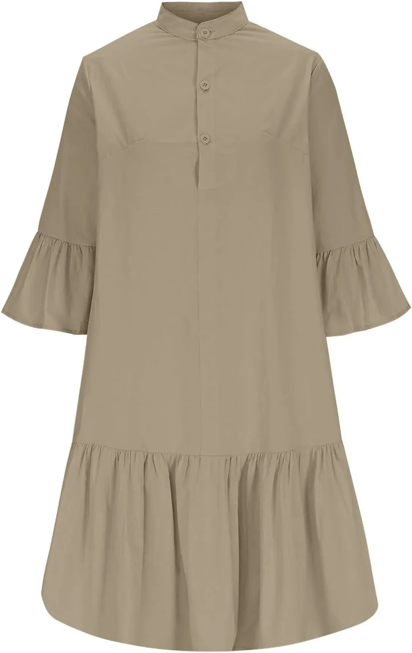 maisdgop Shirt Dresses for Women Casual V Neck 3/4 Sleeve Button Sundress Lightweight Cozy Cotton Linen Ruffle Mini Dress