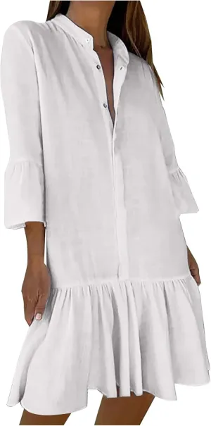 maisdgop Shirt Dresses for Women Casual V Neck 3/4 Sleeve Button Sundress Lightweight Cozy Cotton Linen Ruffle Mini Dress