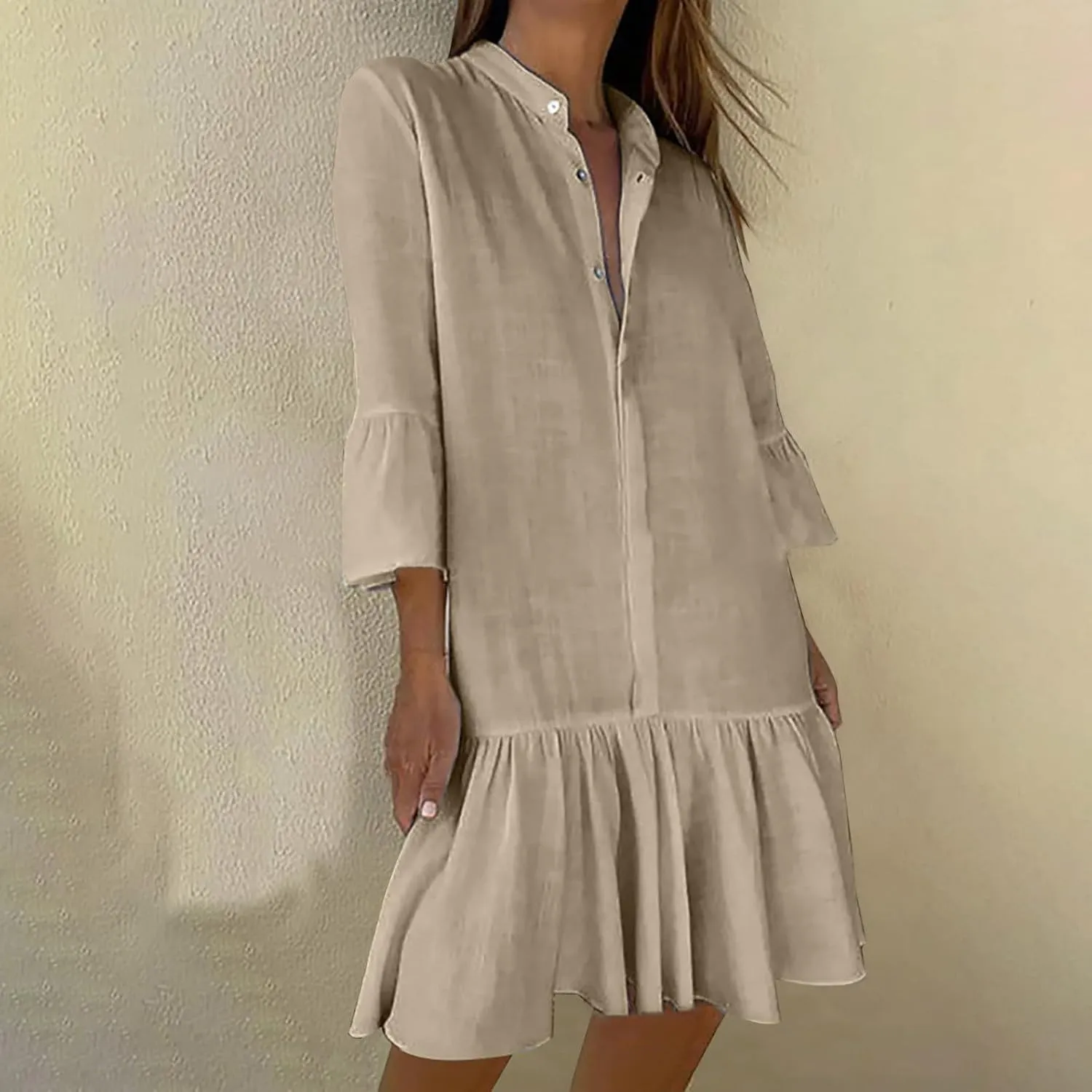 maisdgop Shirt Dresses for Women Casual V Neck 3/4 Sleeve Button Sundress Lightweight Cozy Cotton Linen Ruffle Mini Dress