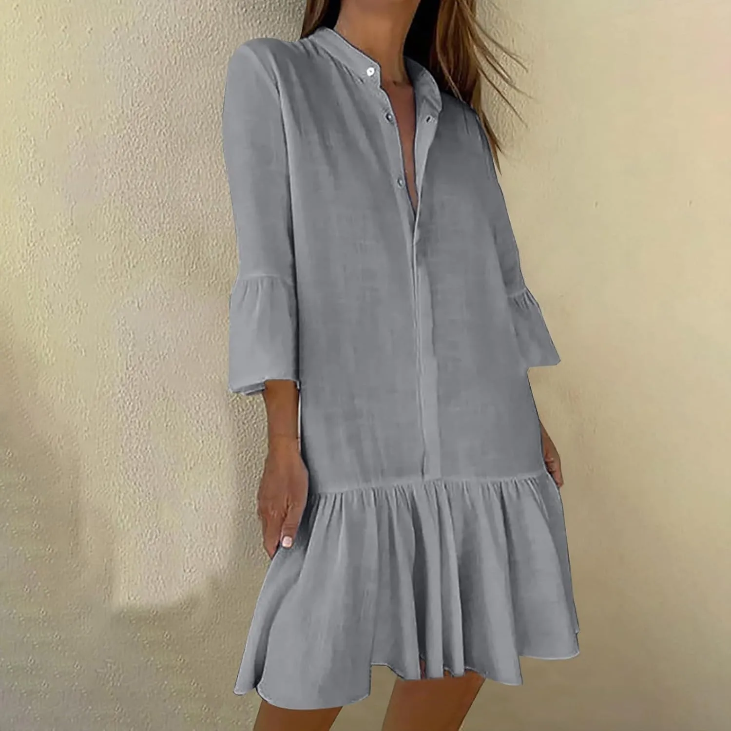 maisdgop Shirt Dresses for Women Casual V Neck 3/4 Sleeve Button Sundress Lightweight Cozy Cotton Linen Ruffle Mini Dress