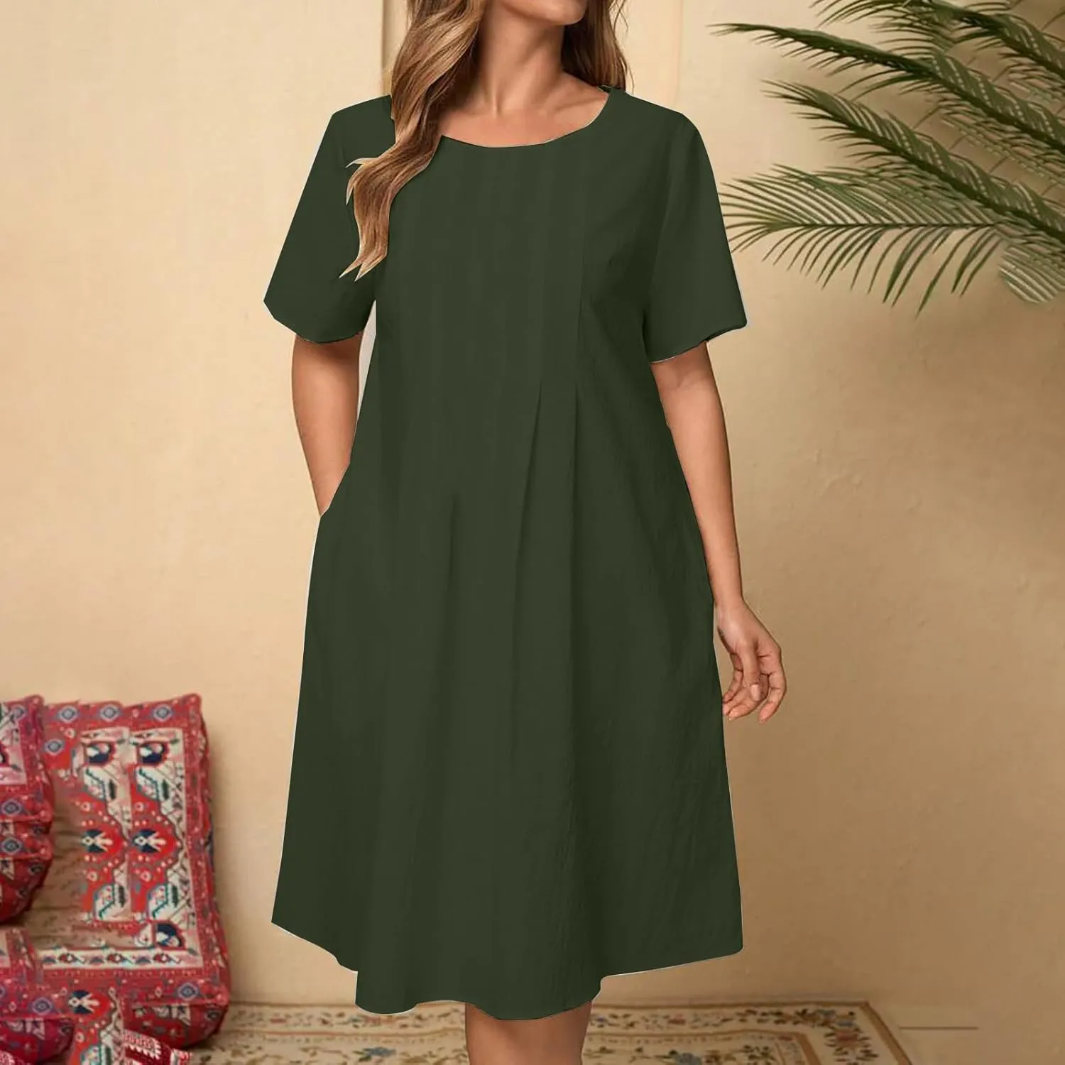 maisdgop Shirt Dresses for Women Casual V Neck 3/4 Sleeve Button Sundress Lightweight Cozy Cotton Linen Ruffle Mini Dress
